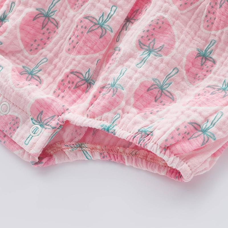 2025 Sommer Neugeborenes Erdbeer-Baumwoll-Strampelhöschen - Ärmellos, Spaghettiträger, Druckknopfverschluss im Schritt