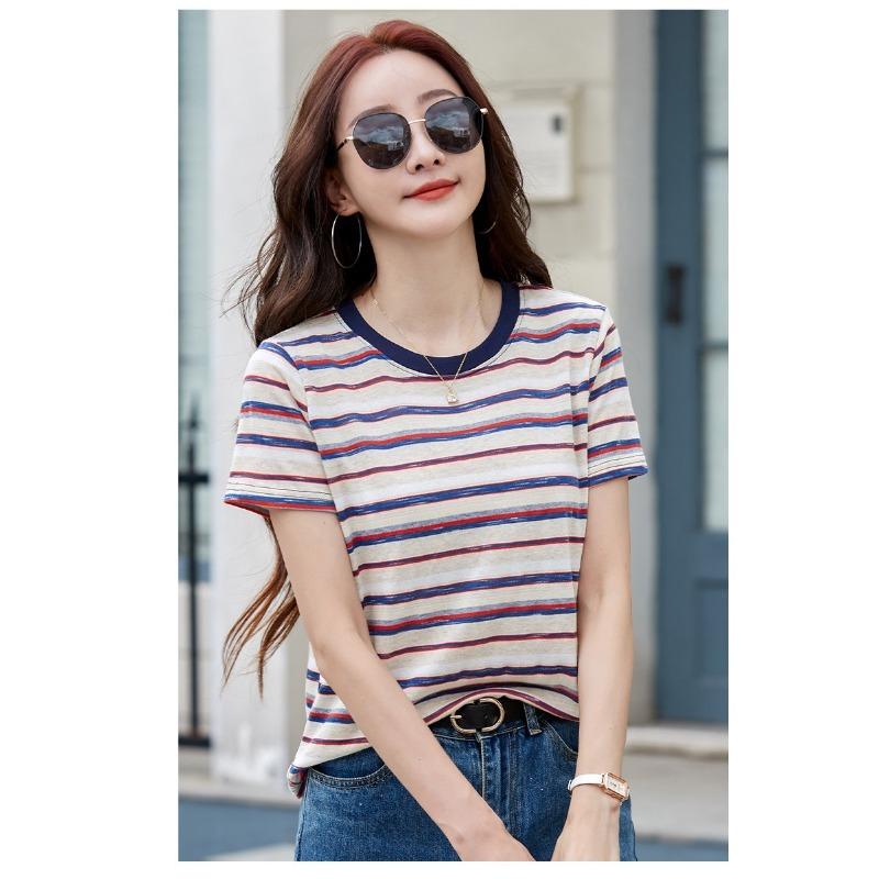 Women Multicolor Horizontal Stripe Crew Neck Short Sleeve Casual T Shirt