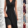 Robe Midi Sans Manches À Col en V Croisé à la Taille Plissée et Coupe Évasée pour Femme