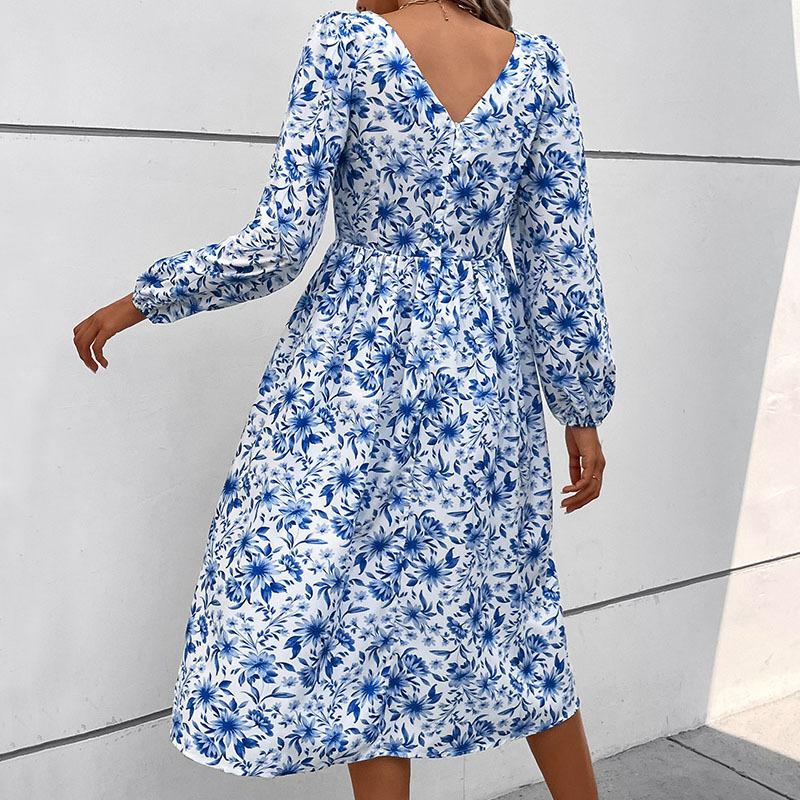 Independent station autumn new fashion foreign trade European and American women's clothing square collar printing retro French backless dress