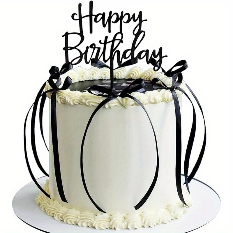 Kokette Vintage Tortenfigur – Schleife & Band mit Happy Birthday Schild, Schwarze Deko für Herztorten & Vintage Party-Torten