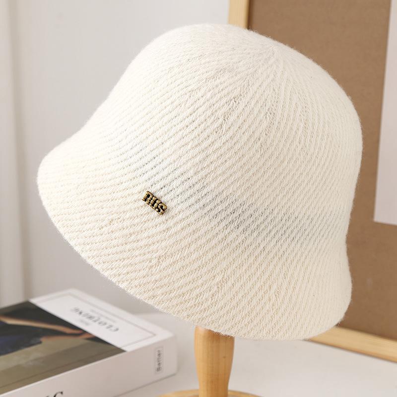 Solid Color Advanced Sense Metal Standard Cashmere Blended Bucket Hat Thickened Warm Versatile Knitted Temperament Basin Hat