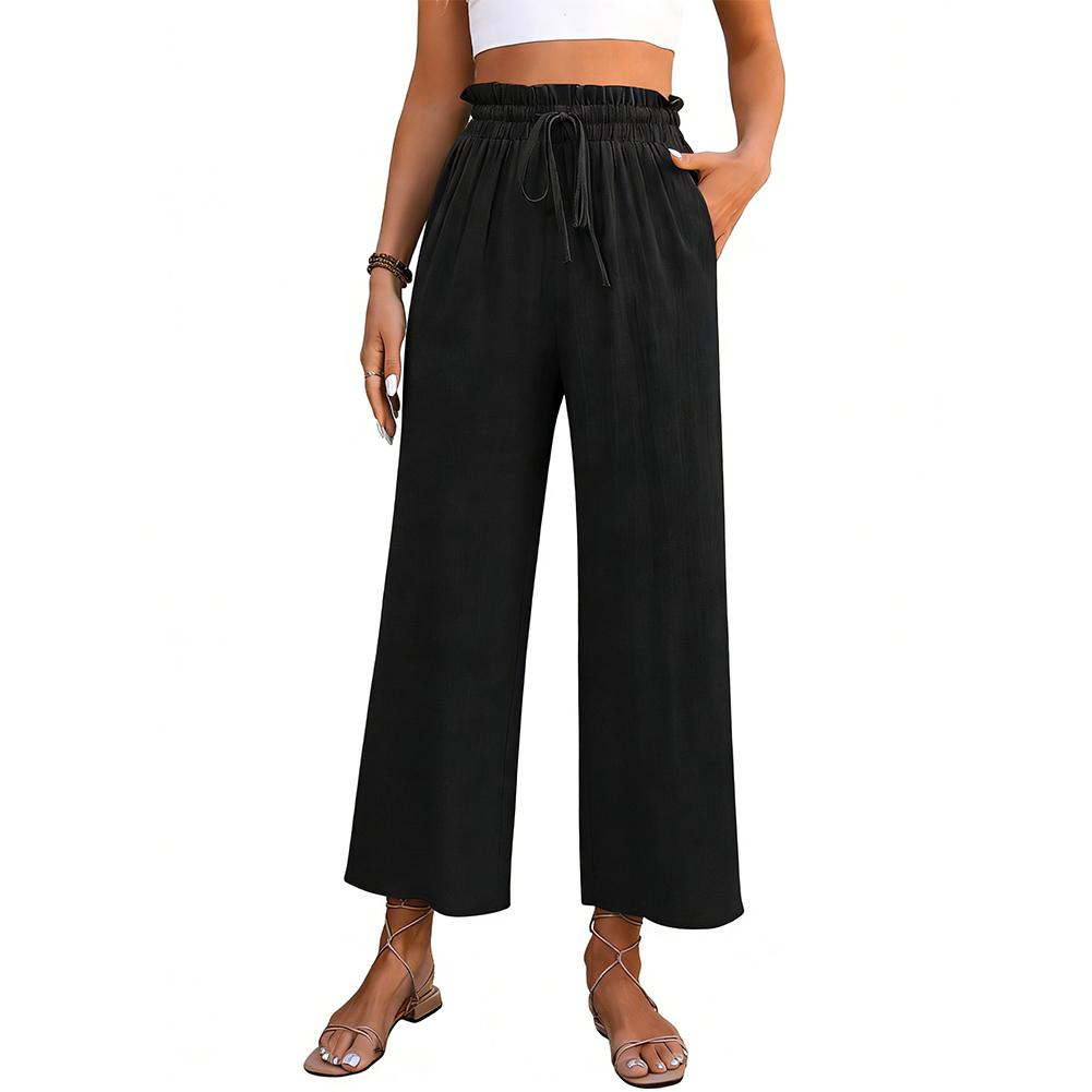Women Casual Solid Color Loose Cotton Linen High-Waisted Wide-Leg Pants S