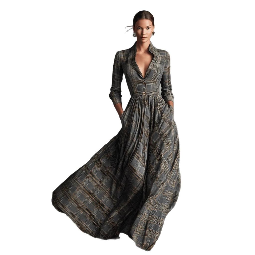 Long Sleeve V-Neck Plaid Dress with Button Front and Pockets