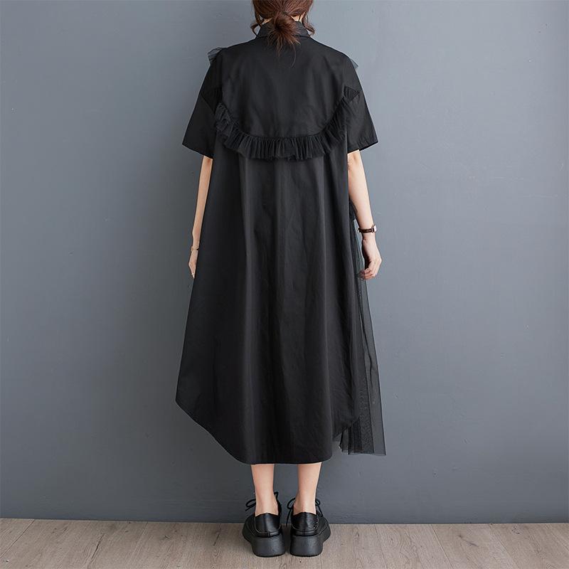2025 Summer Mesh & Wood Ear Edge Irregular Shirt Dress