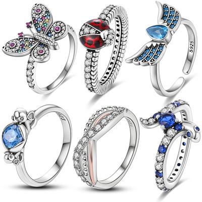 2022 Trendy Finger Ring Real 925 Silver Rings Sparking Zircon Butterflies Ladybugs Angel Wings Ring Popular Women Rings