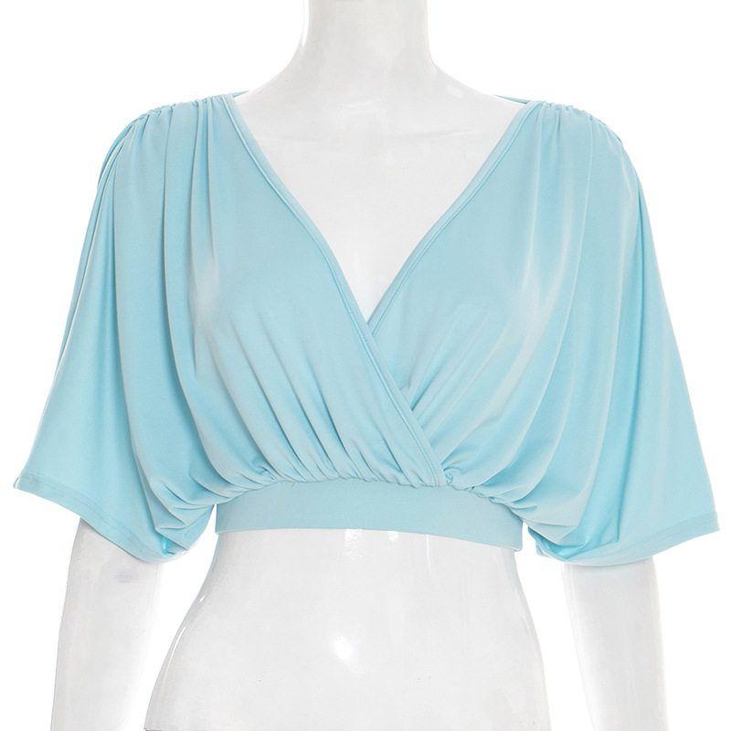 Y26Tp042 European and American Cross-Border Women s Spring and Summer Amazon New Deep V-Neck Cross-Pleated Cropped Batwing Sleeve Top Blue S