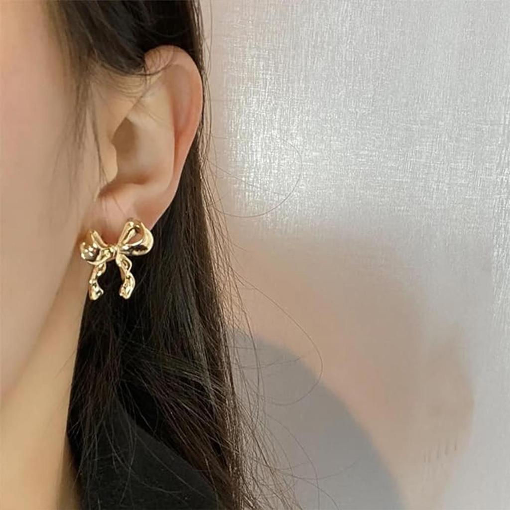 Bow Stud Earrings Versatile Stud Earrings with Ribbon Shape Charming Shining Earrings Plated with 14K Gold for Dating Gathering