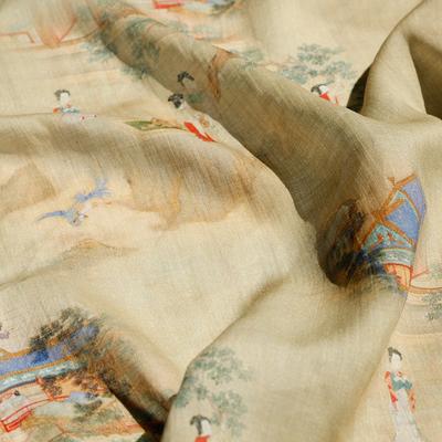 1M Soft Flowing Ramie Fabric Ancient Style Chinese Paintings Of Beautiful Women Pattern Ramie Fabric For Diy Sewing Hanfu Dress