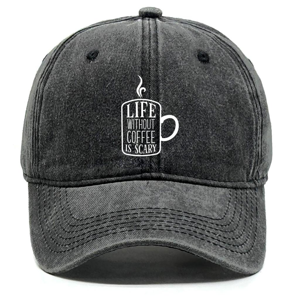 LIFE WITHOUT COFFEE IS SCARY" Print Adjustable Baseball Cap, Flat Cap Breathable Headwear Curved Brim Inelastic Snapback Baseball Hat