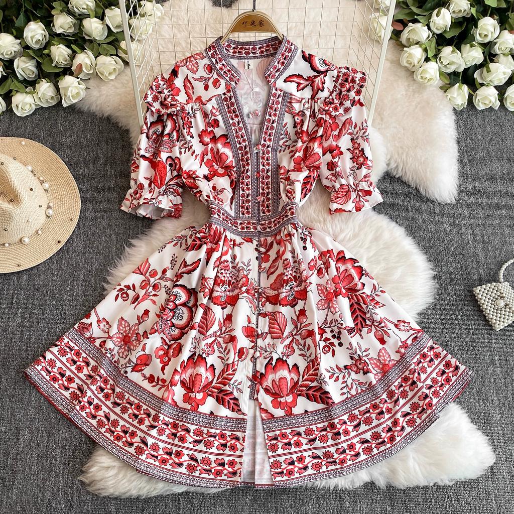 Summer Women Designer Vintage Print Runway Dress Elegant V-neck Single Breasted Party Dresses