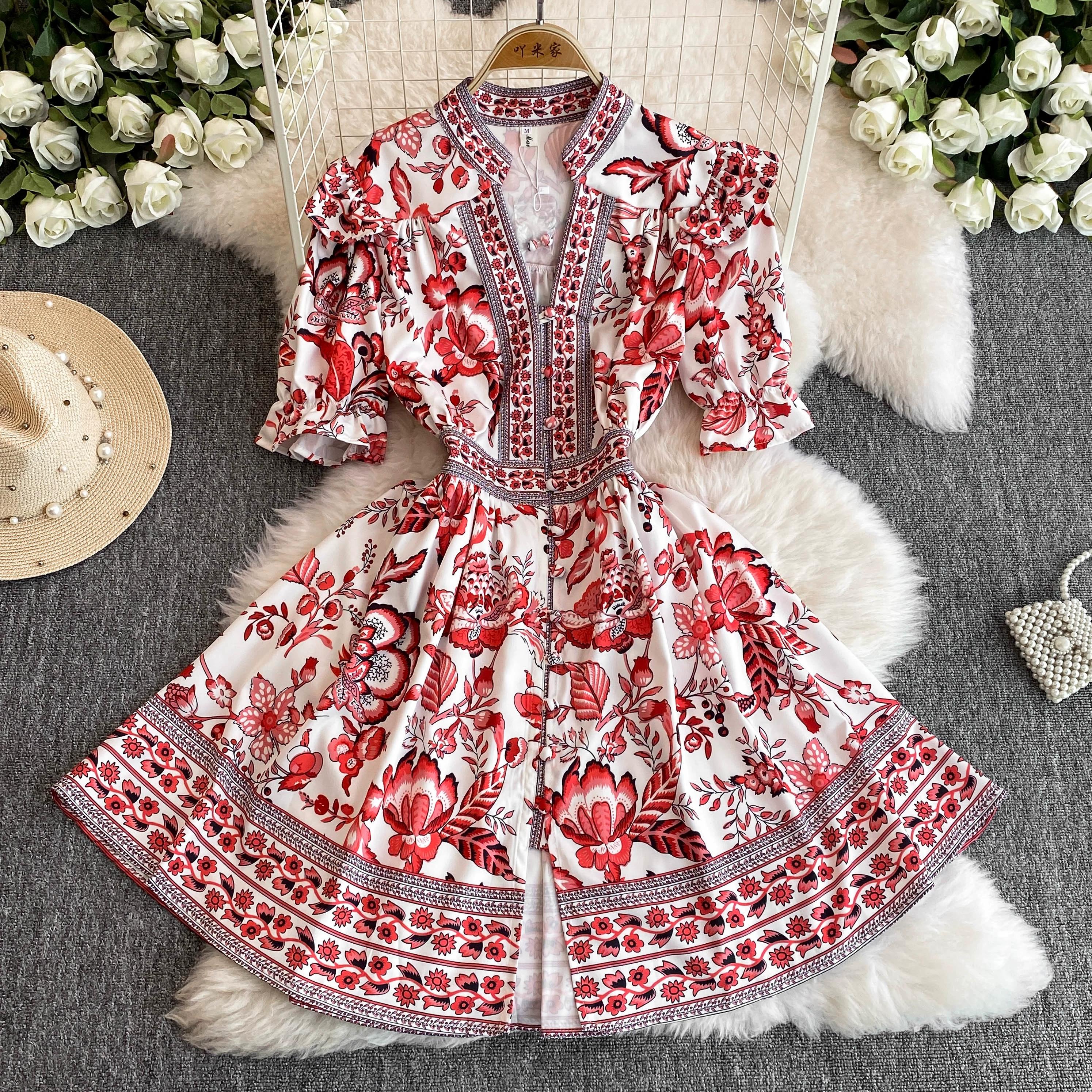 

Летнее женское дизайнерское винтажное платье с принтом, элегантное однобортное вечернее платье с v-образным вырезом XL красный