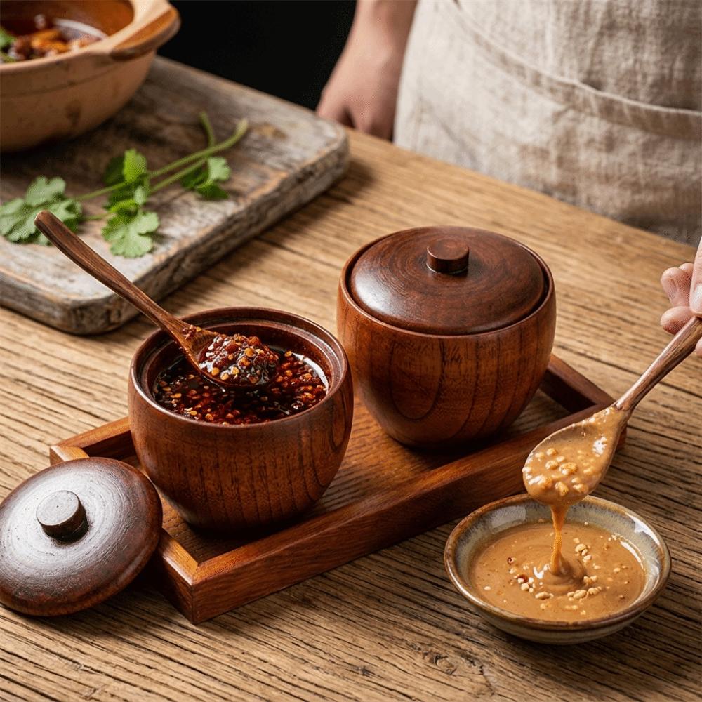 1 Set Wood Storage Jar Matching Mini Spice Spoon Organizer Set Seasoning Storage