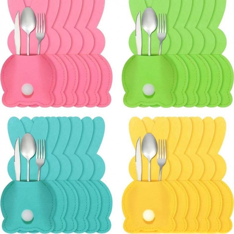 4pcs Easter Rabbit Knife and Fork Mat Felt Festival Knife and Fork Set Table Tableware Decorative Mat