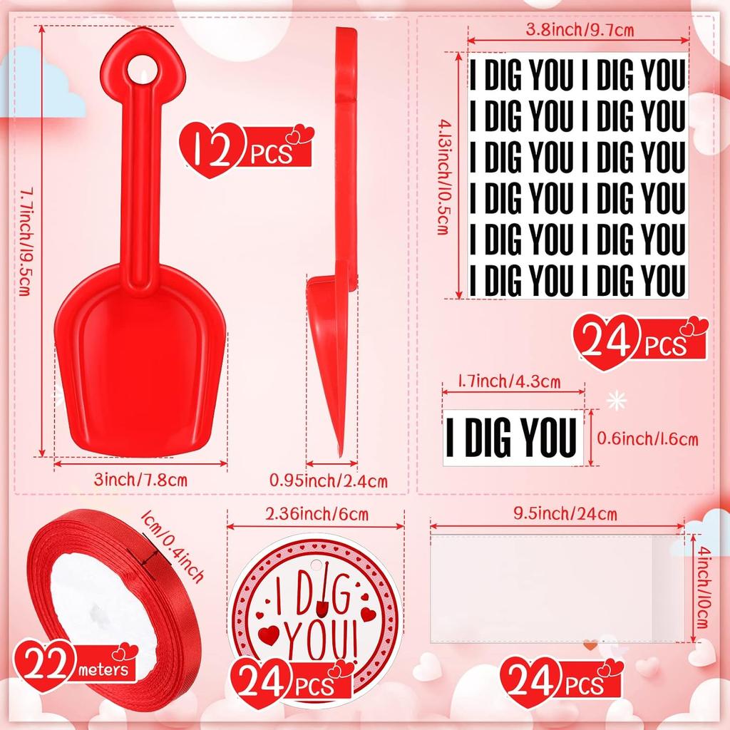 Chumia Valentine's Day Plastic Toy Shovels I Dig You Toy Shovels Set with I Dig You Stickers Valentine Tags with Ribbon Favor(133 Pieces)