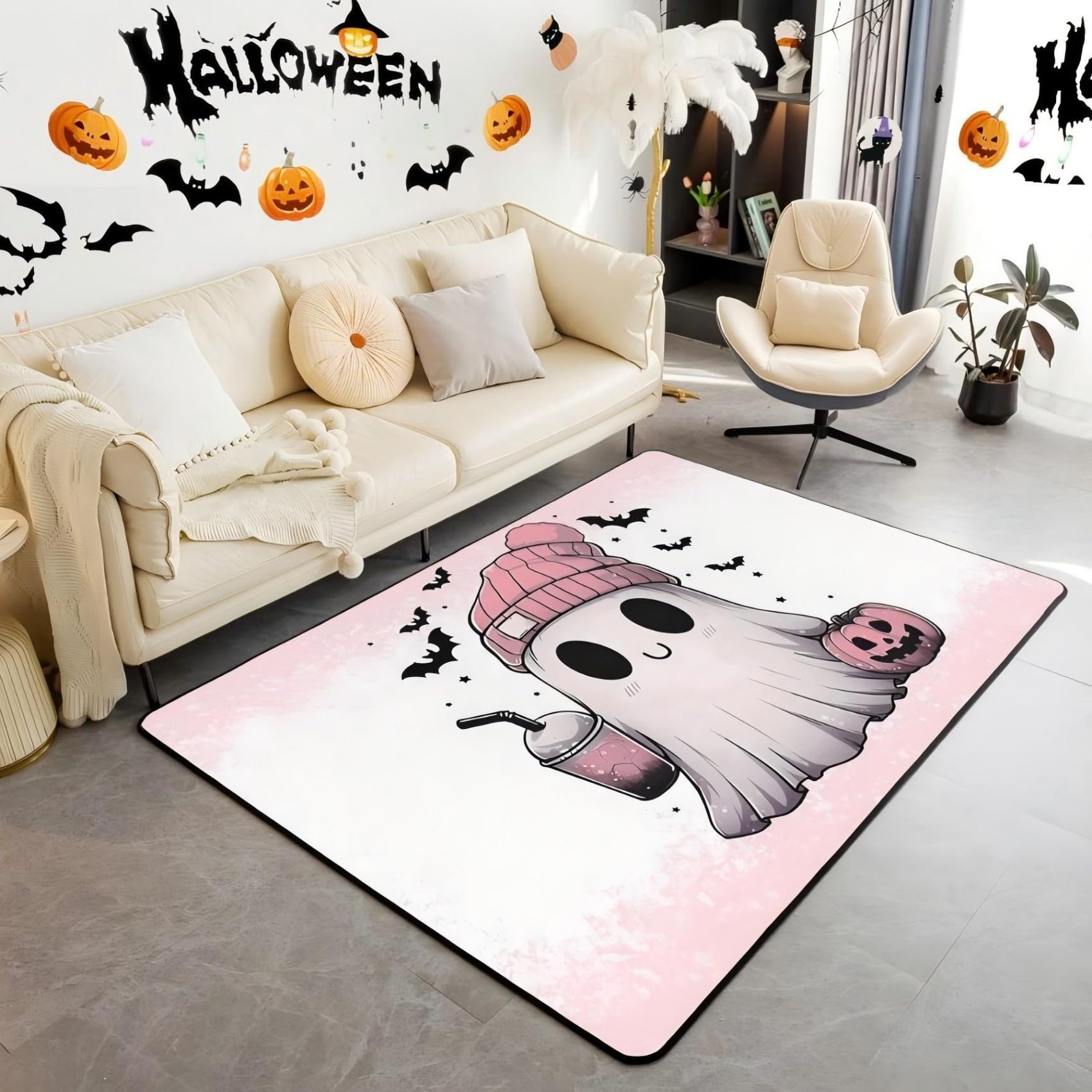 

Halloween Bats Area Rug 3x5, Boho Vintage Floral Rugs for Living Room Gothic Damask Washable Rug, Antique Decor Goth Silhouette Dark Shadows 160cm x 200cm