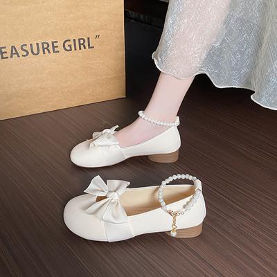 Women's Single Shoes Summer New Mid-heel Bow Beaded Round Head Mary Jane Shoes Fashion Comfortable Height-raising Lolita Shoes