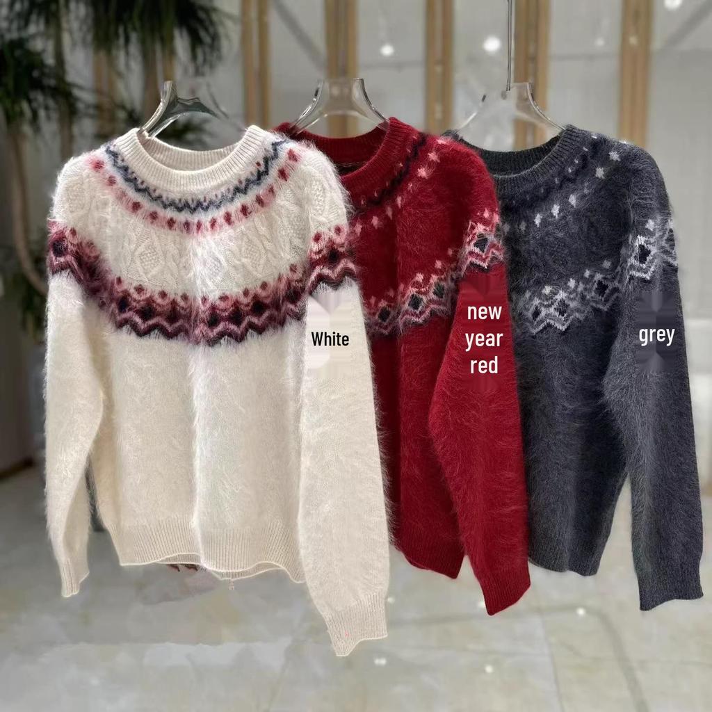 Women's Retro Fair Isle Cashmere Wool Sweater - Loose, Fashion-Forward, Heavyweight Knit in Lazy Style