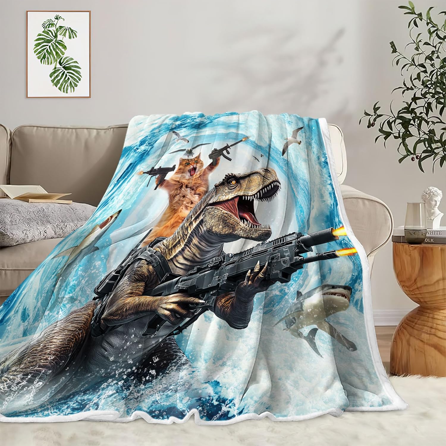 

GUOYU Blanket Funny Kids Fleece Throw Blanket for Couch Sofa Cool Cat Riding Cute Dinosaur Fighting on Ocean Hilarious Children Bed Travel 75x100cm (30x40inch)