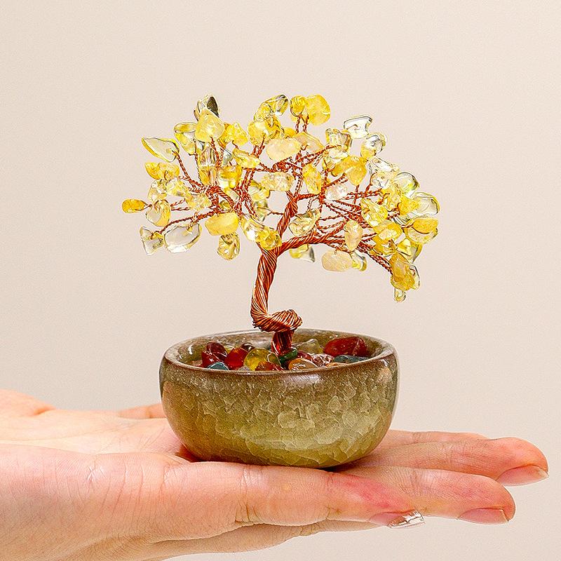 Laywin Fortune-Bringing Cat Home Decoration Item - Natural Yellow Crystal Tree - Tree of Wealth - Cat Desktop Decorative Item