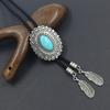 Bolo Tie for Men and Women Western Fashion Accessory with Metal Flower Turquoises Stone Accent Braided Necktie Necklace