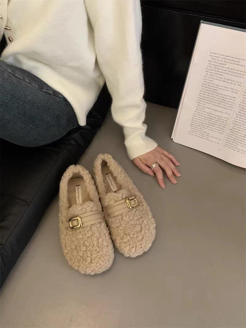 

2025 new autumn and winter lamb wool warm piled cotton ladyshoes Korean version gentle pedal wool shoes women s outer wear 40 абрикосовий