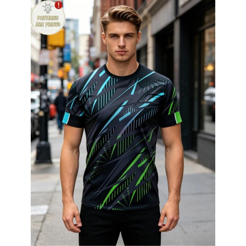 Herren Schnelltrocknendes Hoch elastisches Sport T-Shirt Cyan Grün Diagonallinien-Print Atmungsaktives Trainings Top XL black