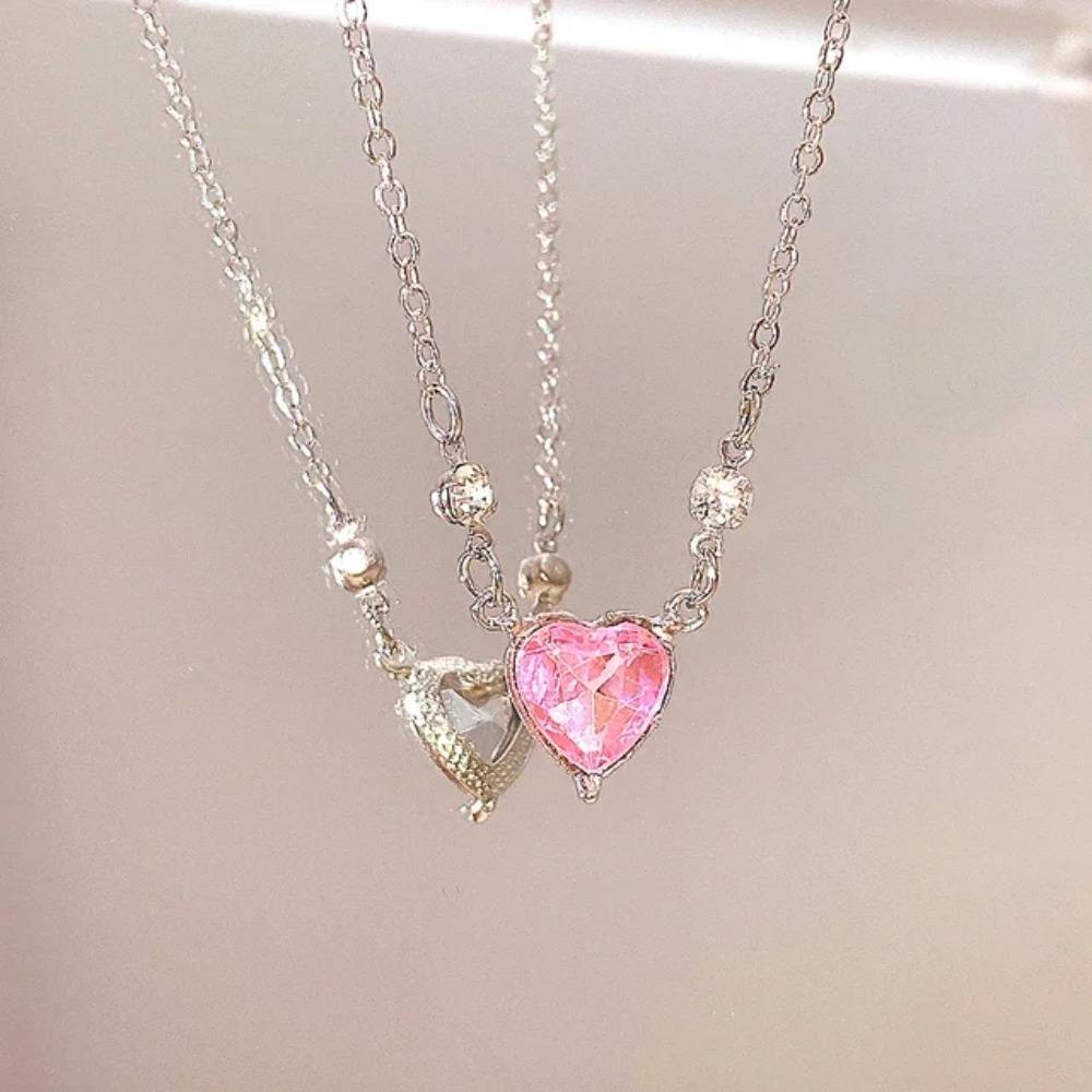 Y2K Pink Planet Heart Zircon Pendant Necklaces Women Fashion Aesthetic Clavicle Chain Necklace Valentines Day Gift Party Jewelry