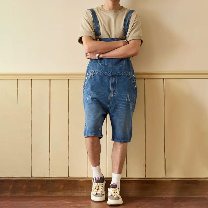 Men's Denim Suspenders Shorts Summer One-Piece Denim Overalls Men's Shorts Five-point Denim Shorts Slim Overalls Denim Shorts