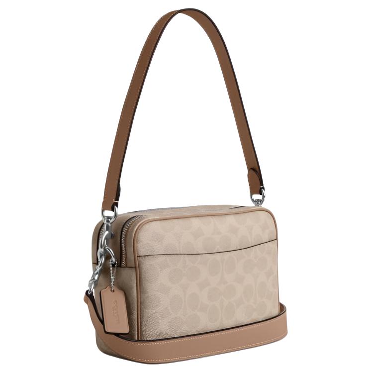 Coach Carey 21 Classic Logo Double Zipper Crossbody Bag With Detachable Shoulder Strap Women Shoulder Bag Sand-Yellow Gray-Brown CEK66-SVPWH