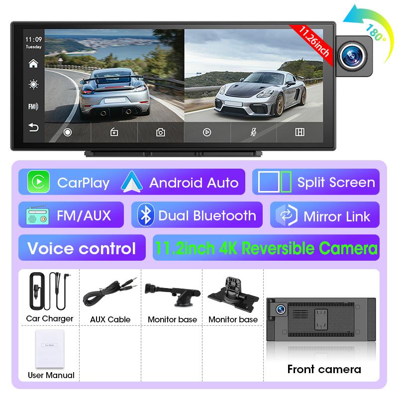 11.26Inch 4K Dash Cam Rotating Lens Video Recorder Dashboard Car DVR Wireless Carplay Android Auto FM BT AUX GPS Parking Monitor