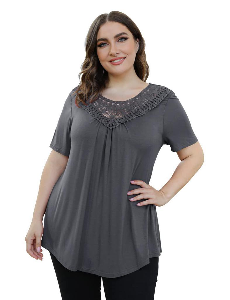 Top Estivo da Donna Taglie Forti con Ruffle in Pizzo a Manica Corta e Cintura (M-4XL)