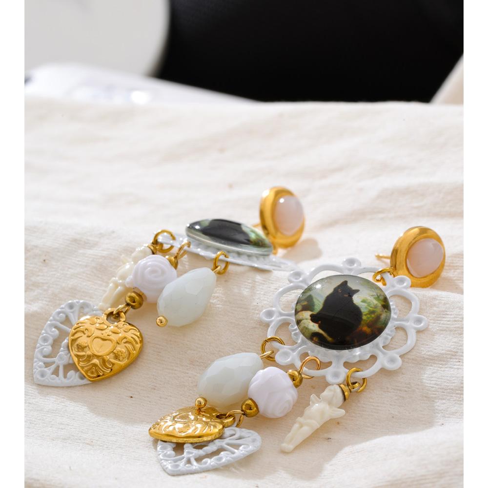 Eetit Vintage Acrylic Crystal Cat Angel Heart Drop Earrings for Women 2025 Stylish Unique Design Stainless Steel Retro Jewelry