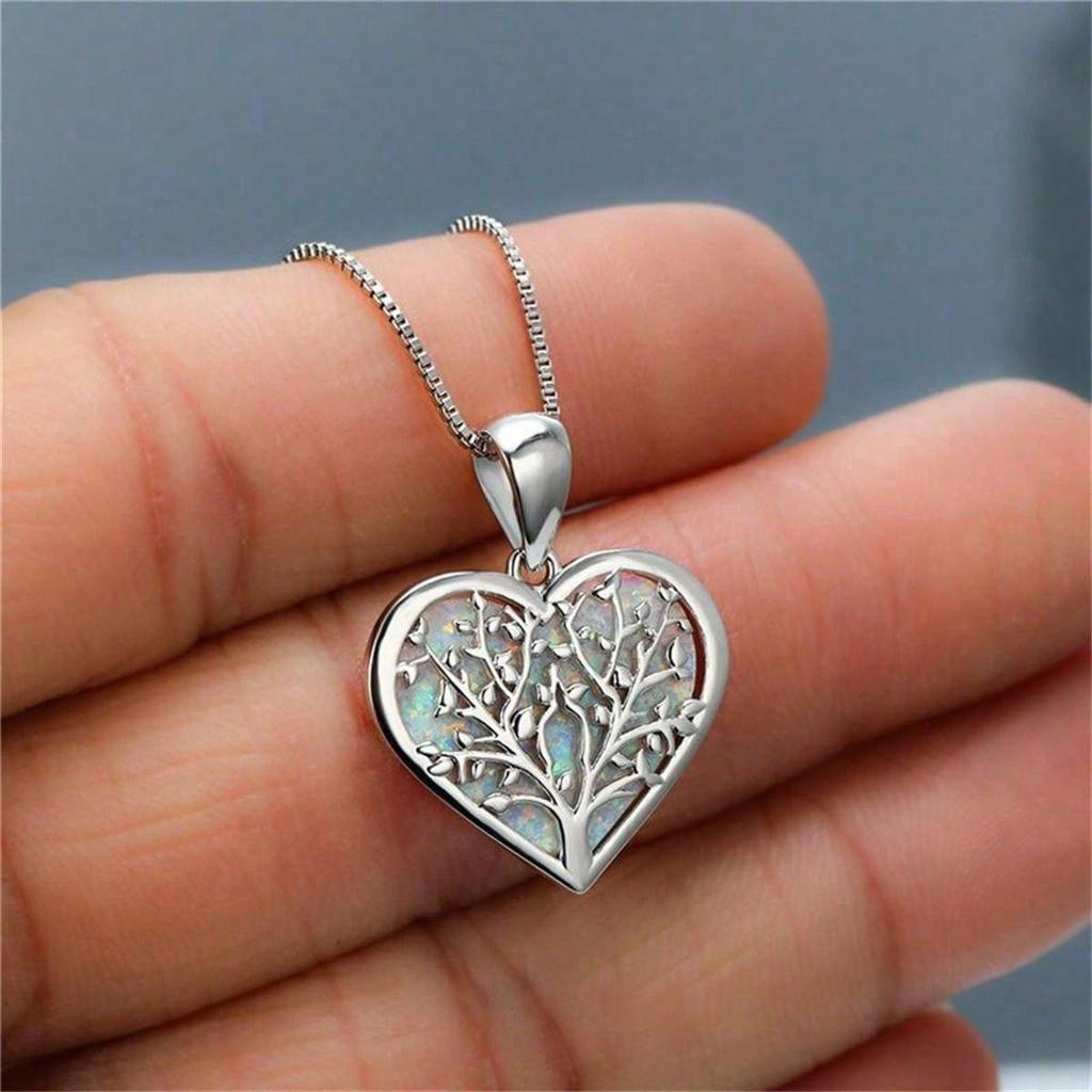 Fashion Love Heart Tree of Life Pendant Necklace For Women Inlay Blue Imitation Opal Necklace Wedding Jewelry Birthday Gifts