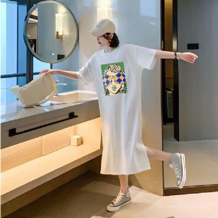 Korean Large-size Women's Clothing Is Thin and Versatile, Loose Straight T-shirt Dress, Women's Tide Summer Lazy Style Long T-shirt Skirt