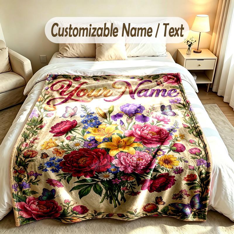 Floral Garden Theme Soft Blanket Personalized Custom Name Text Print Warm Blanket Home Sofa Bedroom Decor