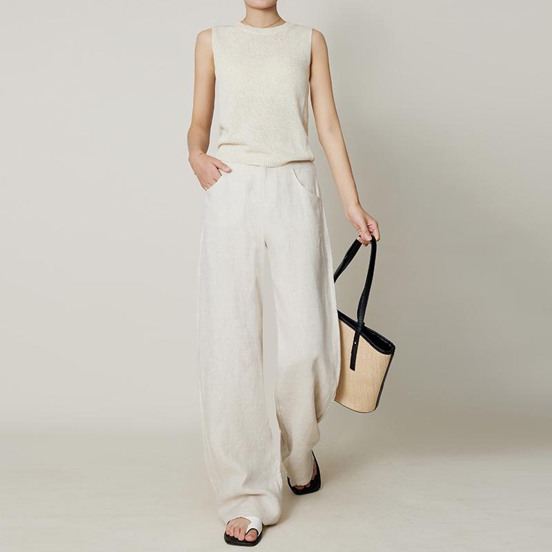 100% Heavyweight Linen Women's Wide-Leg Breathable Floor-Length Slimming Pants
