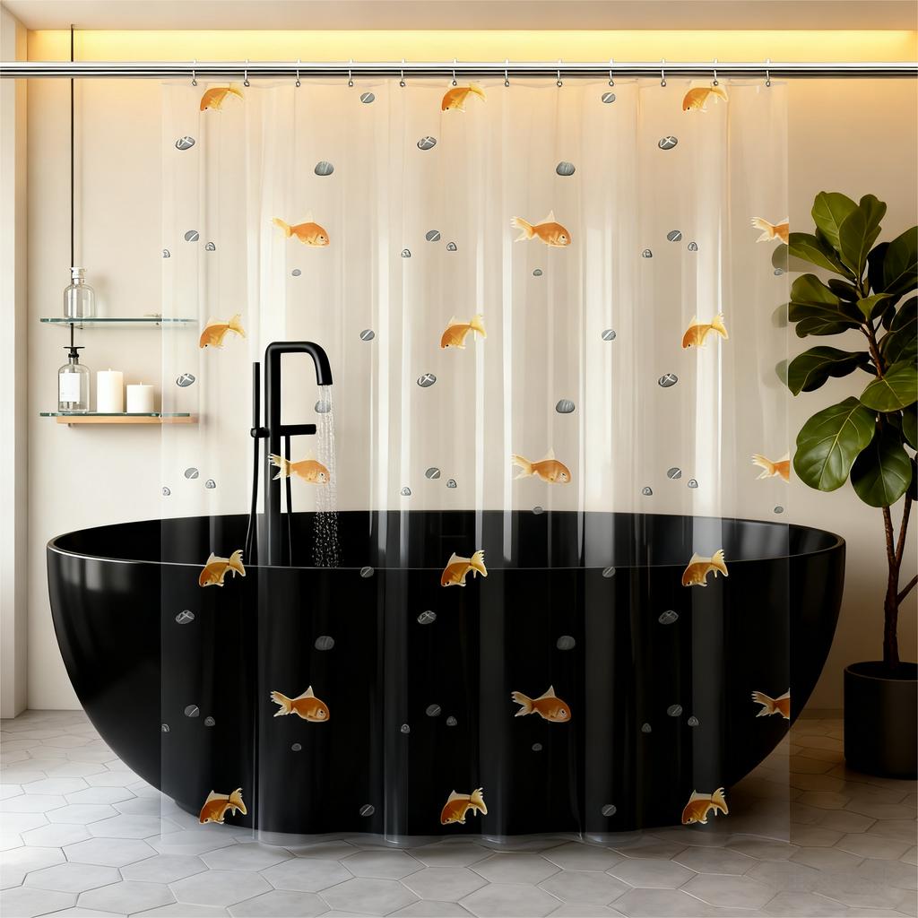 Hochwertiger PEVA Goldfisch Duschvorhang - Transparente Badezimmerdekoration mit Orangen Fischen und Stein-Design, Inklusive 12 Haken