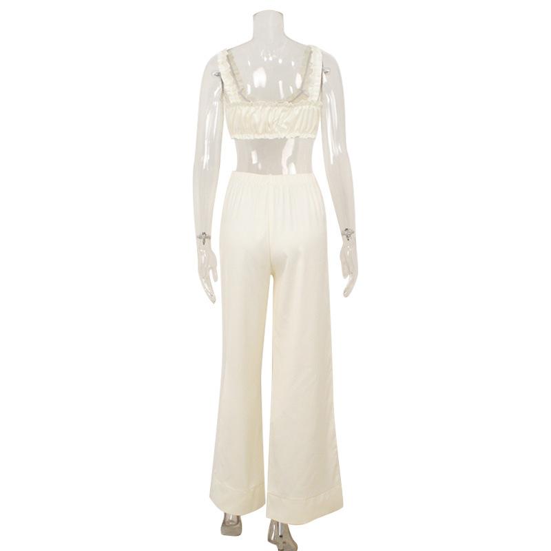 Women French Style Apricot Satin Ruffled Camisole And Long Pants Two Piece Set