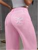 Jeans Dritti da Donna Y2K a Vita Alta con Ricamo a Fiocco - Larghi, Lunghi e Modellanti