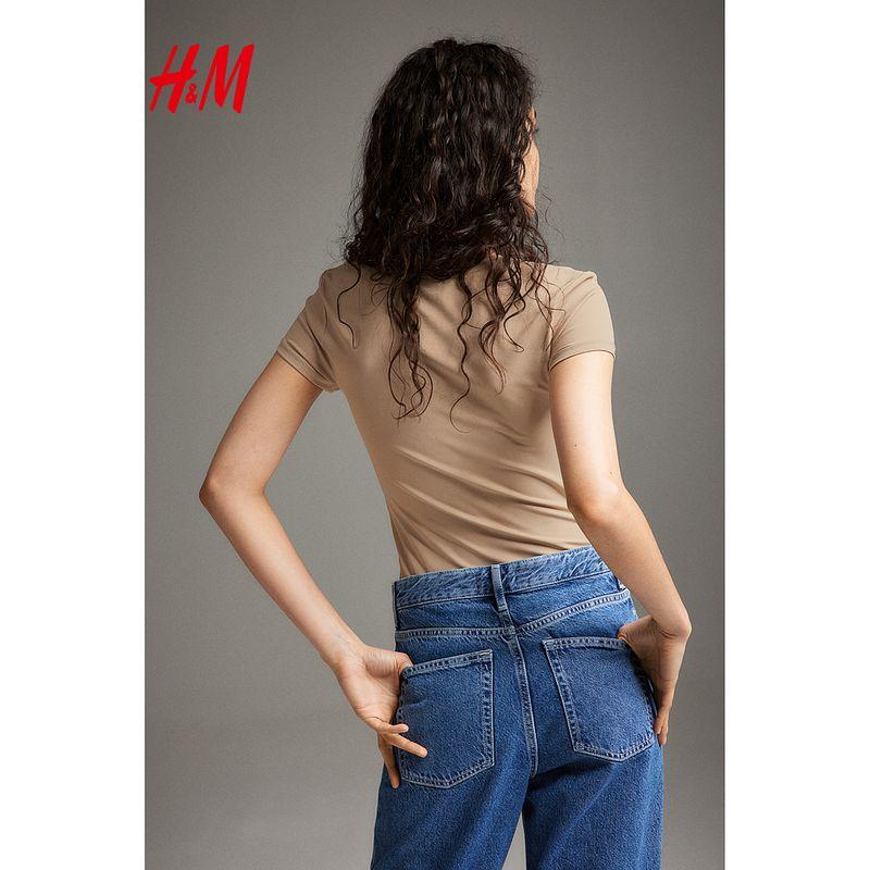 HM Women's T-shirt Fall Slim Fit Elastic Plaid Basic Style round Neck Short Sleeve Maillard Tops 1142908