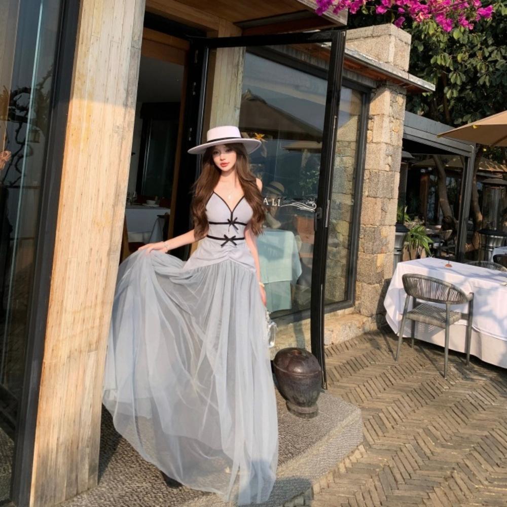 Women's Mesh Strapless Dress 2026 Spring Summer New Arrival V-neck Bowknot Deco Long Maxi Dresses Female