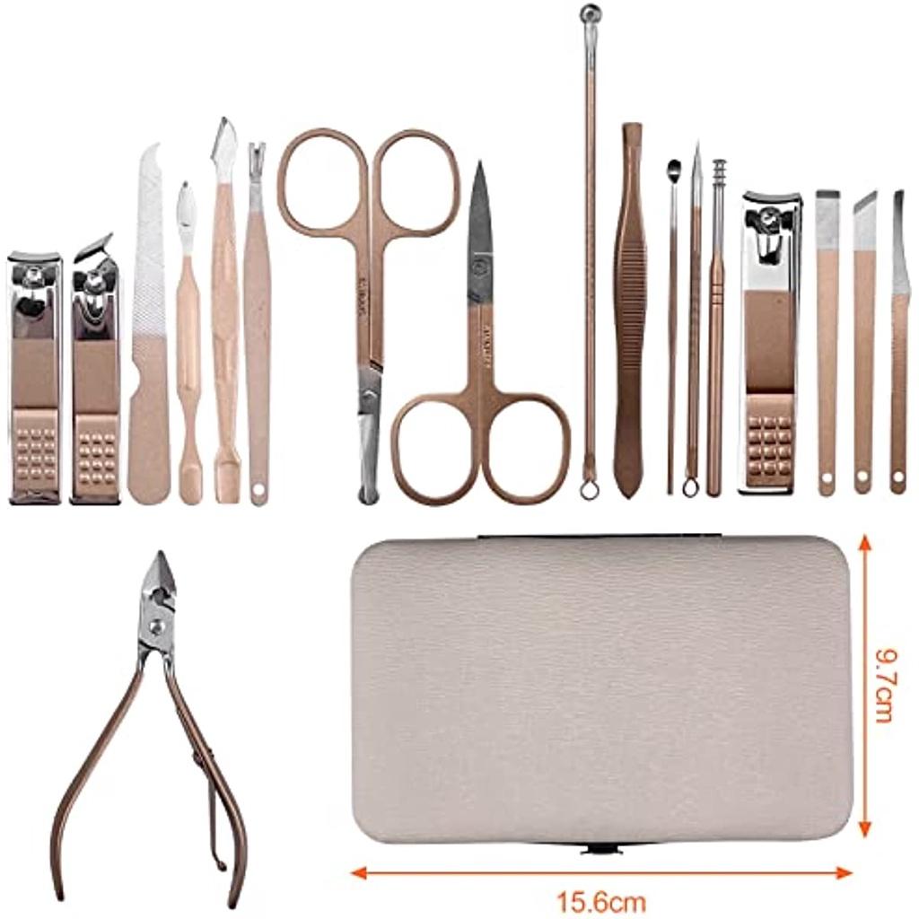 Nagelverbesserungsset aus Edelstahl in Roségold, 18-teiliges Nagelverbesserungs- und Fußreparaturset, professionelles Nagelmesser mit Lederetui