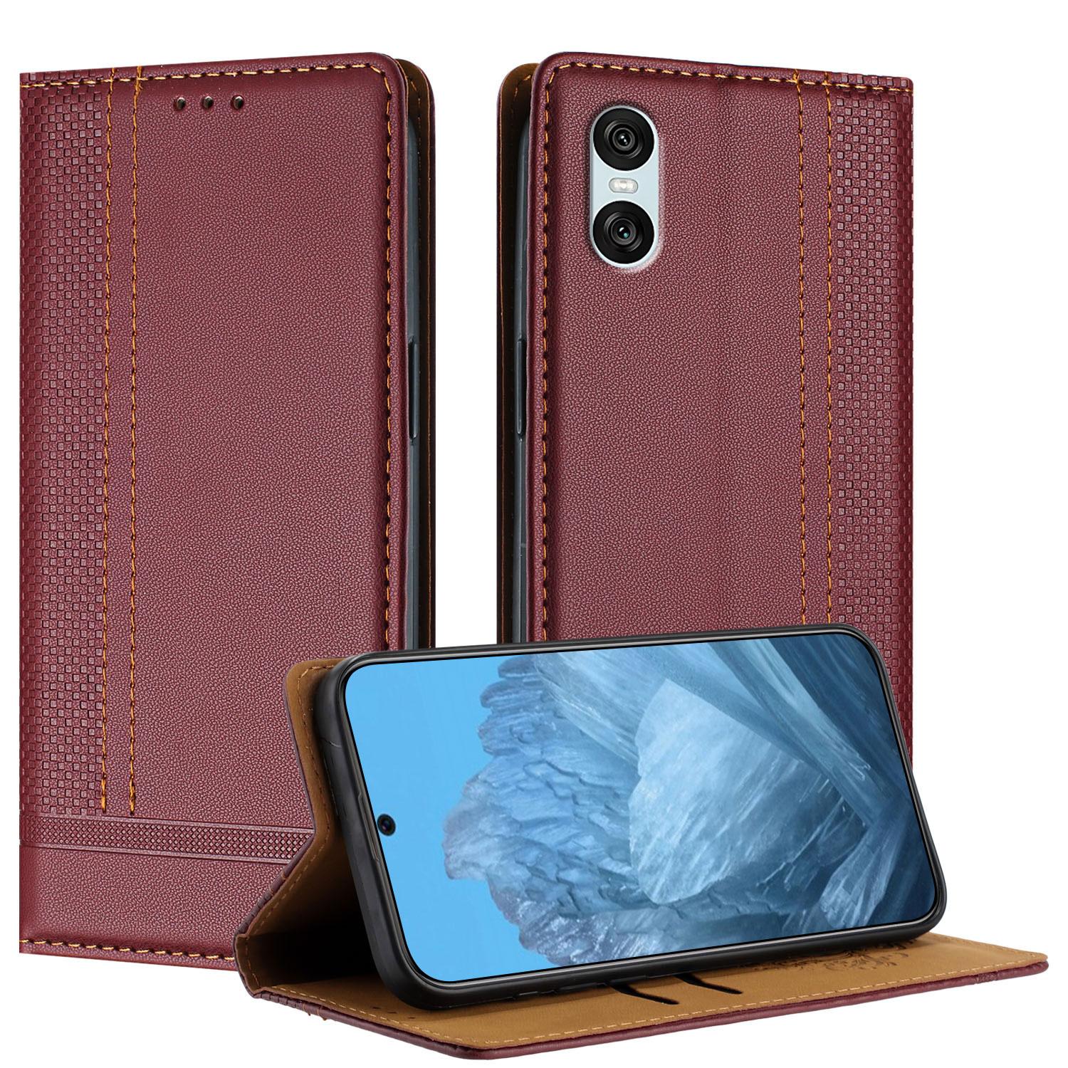 

For Sony Xperia 10 VI Case L-Shaped Grid Pattern Leather Stand Phone Cover with Card Slots Wine Red