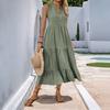 Women's V-Neck Button Detail Ruffled Maxi Dress In Blue, Beige, Green, Pink – Sleeveless Casual Summer Dress