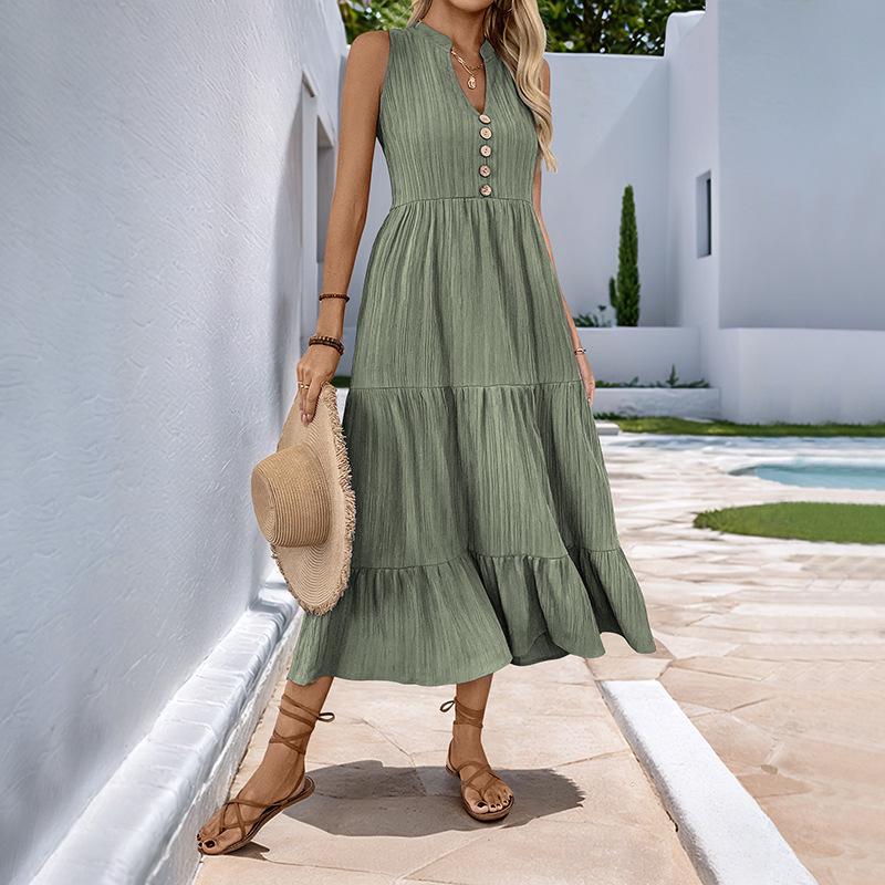 Women's V-Neck Button Detail Ruffled Maxi Dress In Blue, Beige, Green, Pink – Sleeveless Casual Summer Dress
