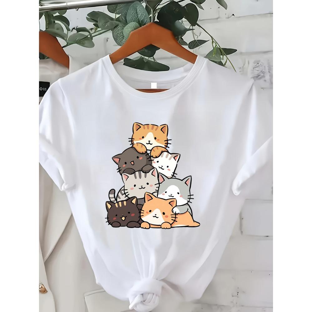 Adorable Pile of Cats Graphic Tee Kawaii Cartoon Kitten Stack Design Casual Cotton T-Shirt for Cat Lovers and Pet Fans
