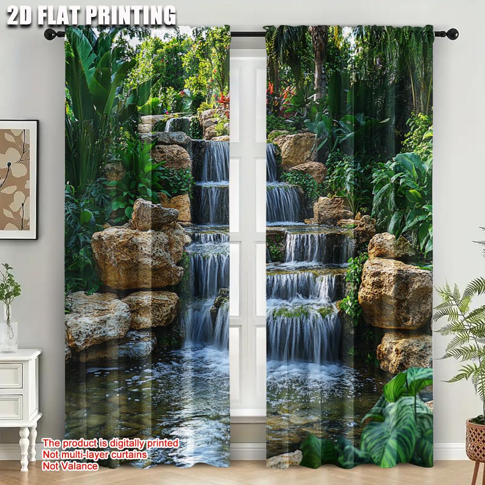 2pcs   Creative Curtains  print Mountain Rocks_ Flowing Water_ Lake_ River_ Green Forest_ Trees Nature Scene Versatile