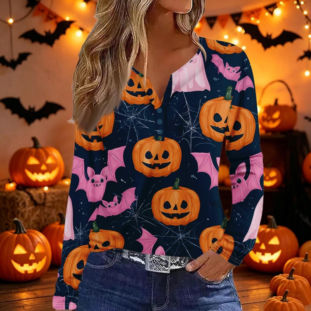 Women's Long Sleeve V Neck T Shirt Halloween Print Button Detail Casual Top Lightweight Soft Fabric Comfortable Fit