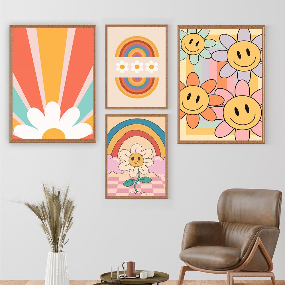 Groovy Retro Wall Art Gallery Picture Set Hippie Poster Print Kids Room Rainbow Cartoon Flower Cute Canvas Painting Home Decor